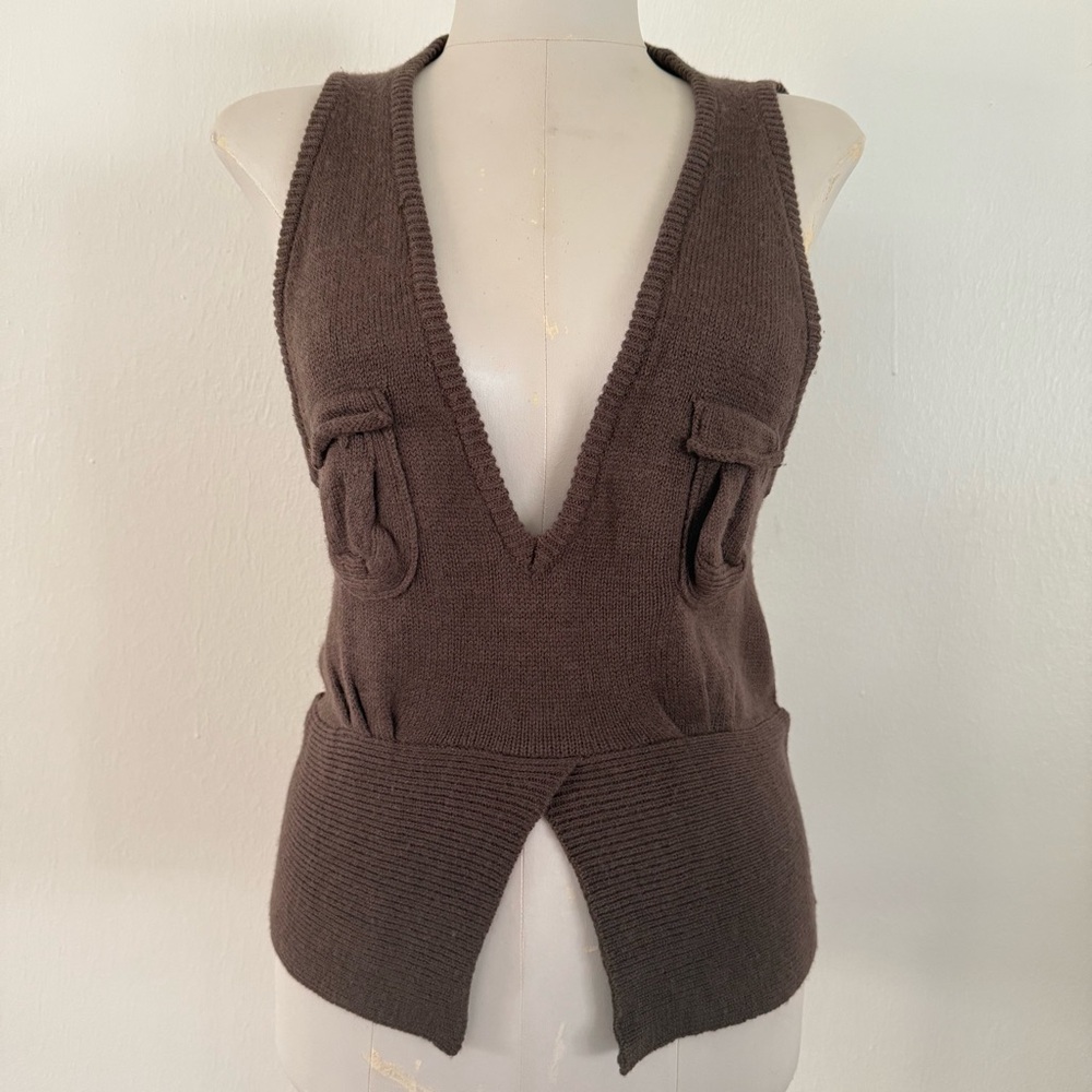 Y2K 90s brown wool deep Vneck chunky knit vest top blouse grunge goblincore sz L